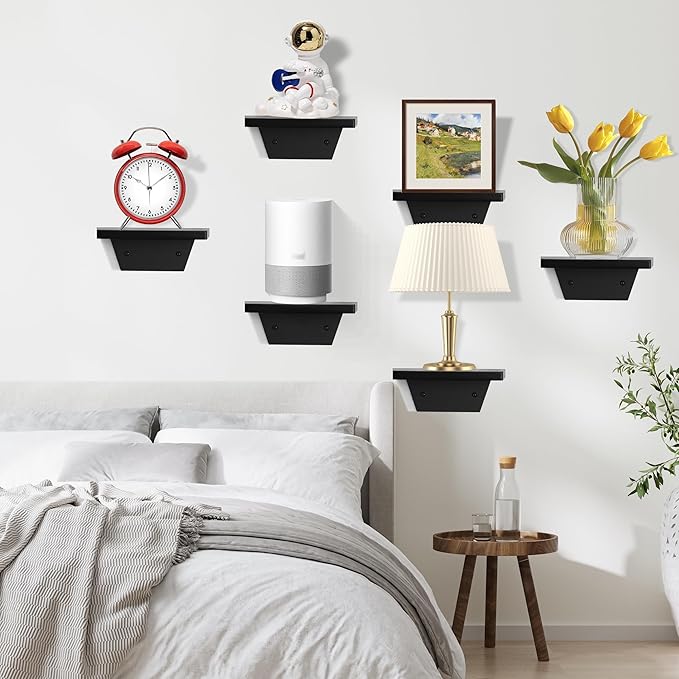 PHOENANCEE Small Floating Shelves,Speaker Shelf,Trapezoid Wall Shelf for Table Lamp Plants Display,Decorative Wood Ledges Chic for Living Room,Bedroom,Kitchen,Office,Pine,8x6 Inch,2 Pack(Black)