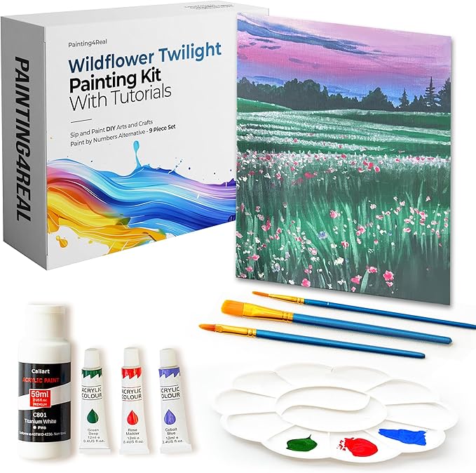 Painting4Real DIY Art Painting Kit for Adults – Learn to Paint Wildflower Twilight with Video Tutorials – 9 Pieces Acrylic Paint Set for Adults –Perfect Christmas Crafts & Holiday Gifts for Art Lover