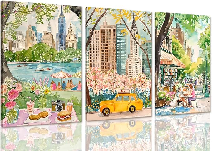 XLARTMY New York City Poster Travel Wall Art Canvas Framed Watercolor NYC Central Park Landmarks Artwork Decor Painting Prints Pictures Set of 3 for Bedroom Living Room Bathroom Office 16x24in