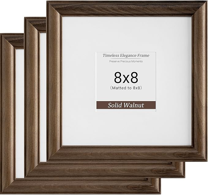 Heimlove 8x8 Picture Frame,8 x 8 Natural Solid Walnut Wood Square Frame with Tempered Glass,8"x8" Handcrafted Wood Frame Matted to 4x4 Photos for Wall or Tabletop Art Photo and Prints,3 Pack