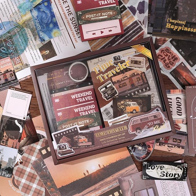 Auguro Vintage Scrapbook Kit A6 Grid Notebook Stationery Junk Journal Kit Travel Scrapbooking Supplies Craft DIY Gift for Adult Teen Girl Aesthetic Journaling Kit