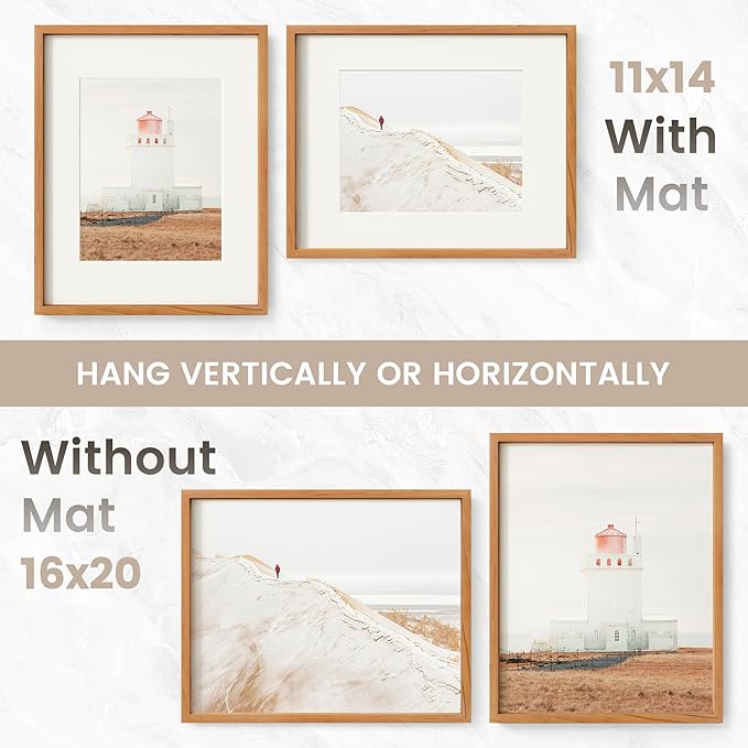 16 x 20 Picture Frame Set of 3, USA-Sourced Natural Cherry Wood Photo Collage Frame with HD Tempered Glass, Modern Simple 16x20 Wooden Frame Matted to 11x14, Vertical & Horizontal Wall Hanging Display