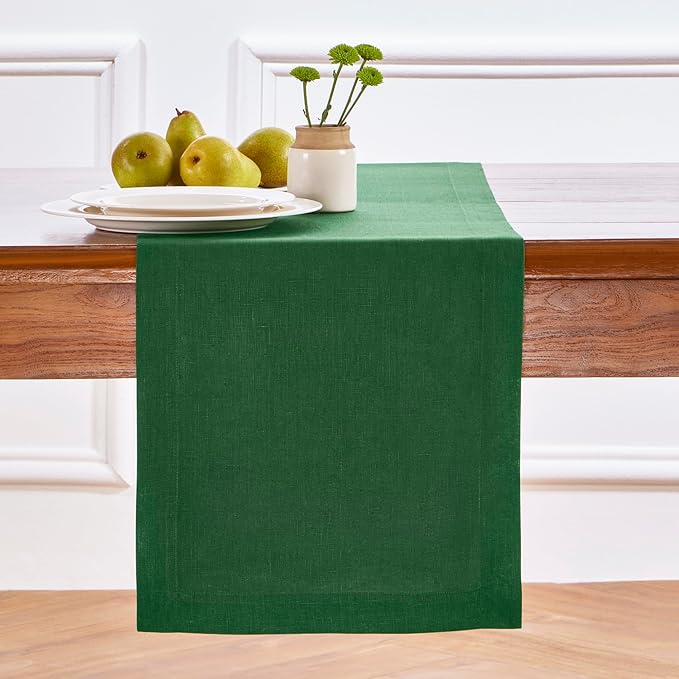 Solino Home Linen Table Runner 72 Inches Long - 100% Pure Linen Pine Green Dining Table Runner 14 x 72 Inch for St Patricks Day - Fete