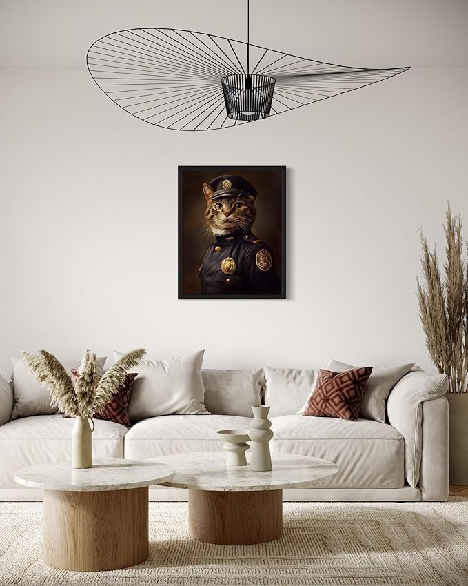 Police Cat Art Poster Print, Cat Kitten Painting Humor Portrait Pet Artwork Decor Gallery A8 (Police Cat, 8 x 10 inches, Black Frame)