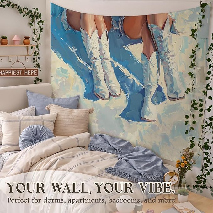 STHTTSW Coastal Cowgirl Tapestry, Blue Dorm Trendy Beachy Tapestries Wall Blanket, Preppy Girly Wall Hanging Decor for Teen Girl Women College Dorm Apartment Bedroom, 50x60 Inch