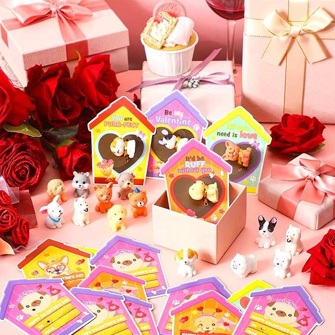 Zhanmai 72 Pcs Dog Valentine's Day Gifts Card and Dog Resin Figurines Miniature Puppy Heart Greeting Card for Valentine Party Favors Exchange Prizes Gifts (Cute)