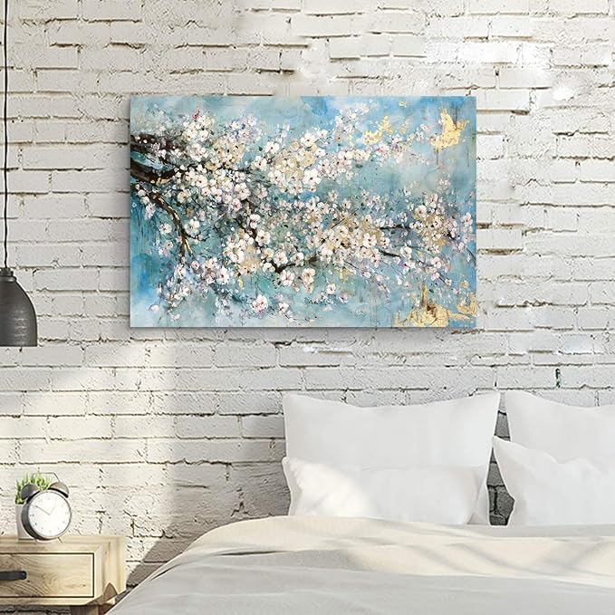 ARTISTIC PATH Abstract Canvas Painting Flower Picture: Teal Floral Golden Foil Wall Art on Canvas for Office (36''W x 24''H,Multi-Sized)