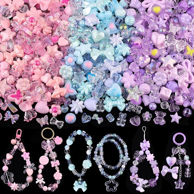 180-240PCS TINKRSTUFF Assorted Acrylic Beads 3 Mixed Colors Cute Beads for Bracelet Making, Bow Aesthetic GummyBear Flower Butterfly Kawaii Charms for Jewelry Making DIY Necklace Keychain Phone Charm