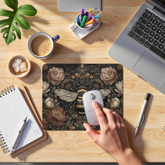 Vintage Floral Bee Mouse Pad, Dark Contemporary Botanical Bumblebee Mouse Pads Mousepad for Desk Home Office Dorm Laptop, Cottagecore Nature Office Supplies Desk Accessories, 9.5x7.9 Inch