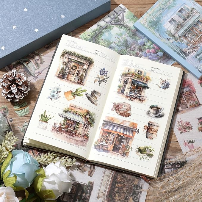 Coffee Shop Scrapbook Stickers 36 Sheets 200 Pre-Cut Washi Stickers for Journaling PET Transparent Sticker 18 Sheets Scrapbook Paper Decorative or DIY Crafts Arts and Crafting Projects