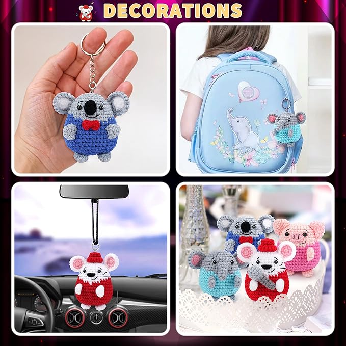 Fortuning's JDS Crochet Kit for Beginners - 4 PCS Crochet Starter Kit with Step-by-Step Video Tutorials, for Adults - Elephant Mouse Pig Koala Microphone Crocheting Set