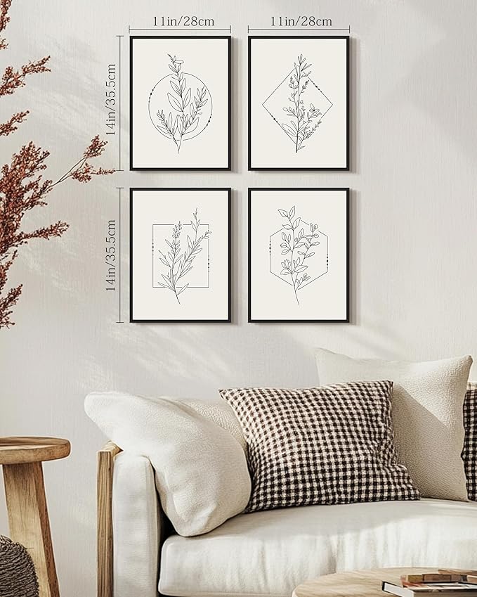 Drsoum Botanical Flower Boho Framed Wall Art Wooded Minimalist Aesthetic Floral Prints Farmhouse Retro Plants Rustic Bathroom Kitchen Home Decor Ready to Hang 11x14inx4pcs (Black Framed)