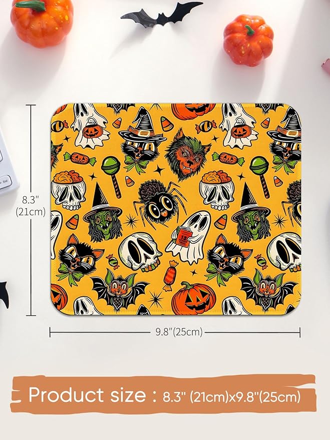 Seorsok Halloween Funny Pumpkin Mouse Mat,Skeleton Skull Decor Mouse Pads for Office Laptop,Washable Square Mousepads with Extended Stitched Edges Non Slip Rubber Base 9.5"x7.8"x0.12" Inch,Yellow
