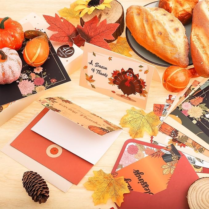 40 Pack Thanksgiving Cards with Envelopes, 4 x 6 in Bulk Thanksgiving Cards with Stickers, 10 Designs Thanks & Blessings Greeting Card Boxed for Fall Autumn Holiday Parties Celebrate the Harvest
