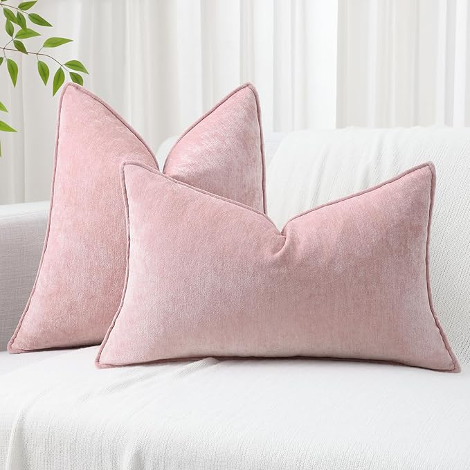 decorUhome Spring Couch Throw Pillow Covers 18x18 Set of 2, Decorative Soft Velvet Neutral Chenille Pillow Covers with Elegant Design for Sofa Bed Living Room Home Decor, Blush Pink