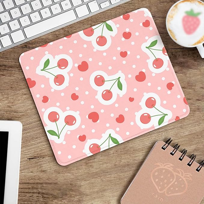 Seorsok Square Cute Funny Mouse Pad,Office Home Personalized Mouse Mat Design,Waterproof Mousepad,Non-Slip Rubber Base Computer Mouse Pads for Wireless Mouse,Pink Cherries and Hearts
