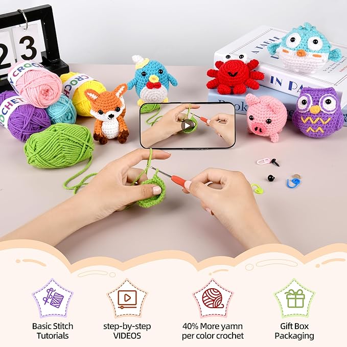 Yayvokuv 8Pcs Crochet Kit for Beginners, 2026 Gift for Crochet Lovers, DIY Craft for Adults and Kids, Crocheting Animal Kits with Step by Step Videos, Yarn, Crochet Hook, Birthday Holiday Gift (Pink)