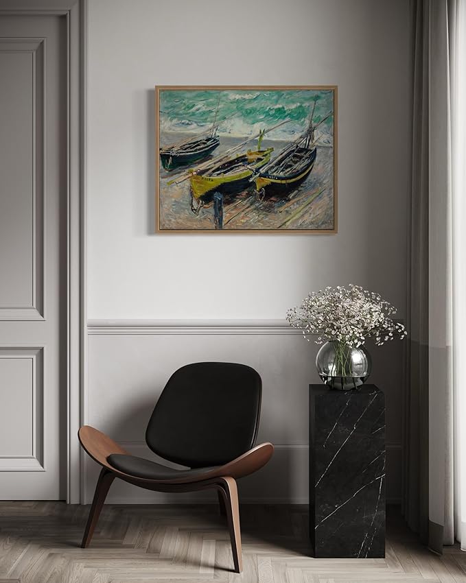 Three Fishing Boats Claude Monet Wall Art Print Poster, Impressionist Painting Wall Art Wall Decor, for Bedroom and Living room Bathroom Decor 115 (Three Fishing Boats, 16 x 20 inches, Wood Frame)