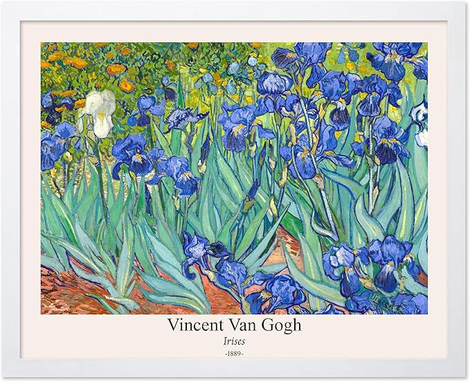 Monem Art Vintage Van Gogh Poster - Retro Irises Print - Impressionism Art - Floral Art - Fine Art - Flower Art - Classic Painting Art - Aesthetic Living Room Wall Decor - 8x10 White Framed