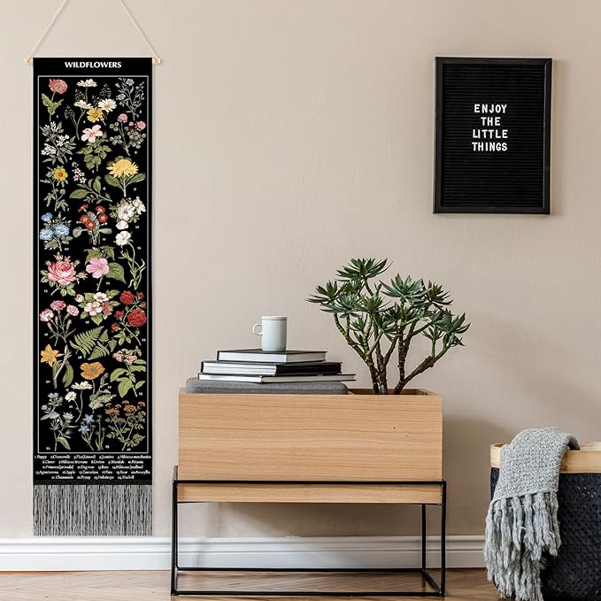 Geetery Vintage Floral Vertical Tapestry Wall Hanging Long Narrow Wall Fabric Flower Hanging Reference Illustrative Botanical Tassel Tapestry for Home Decor Gift (Black)