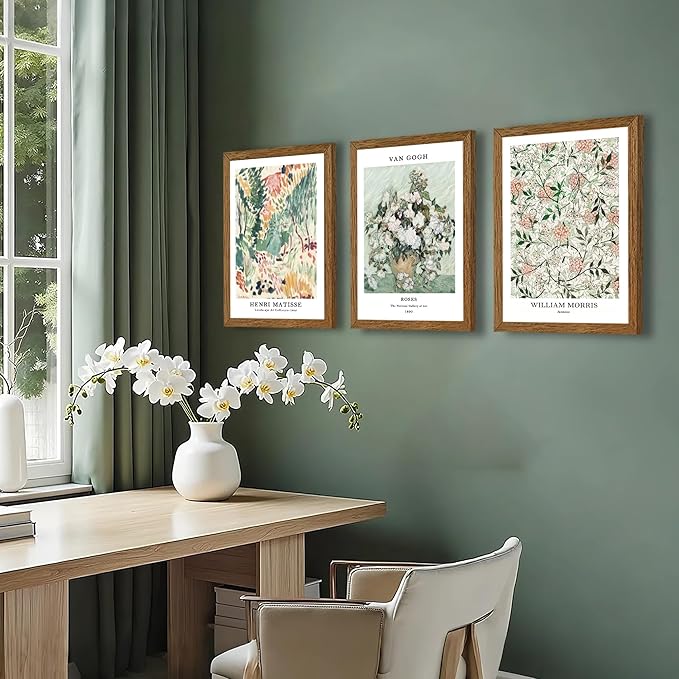 InspiredHues 3 Piece Sage Green Vintage Canvas Wall Art Landscape Flower Botanical Canvas Wall Decor Henri Matisse Van Gogh William Morris Artwork Prints for Bedroom Living Room 12x16 In Wood Frame