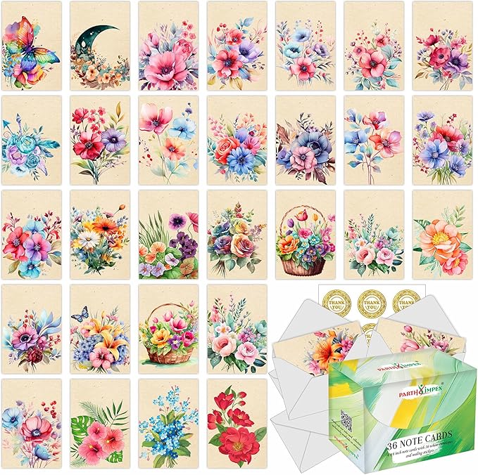 PARTH iMPEX 36 Blank Floral Note Cards With Envelopes - 4 x 6 inch All Occasion Greeting Cards, Cute Vintage Flowers Stationery Thank You Notecards and Sealing Stickers