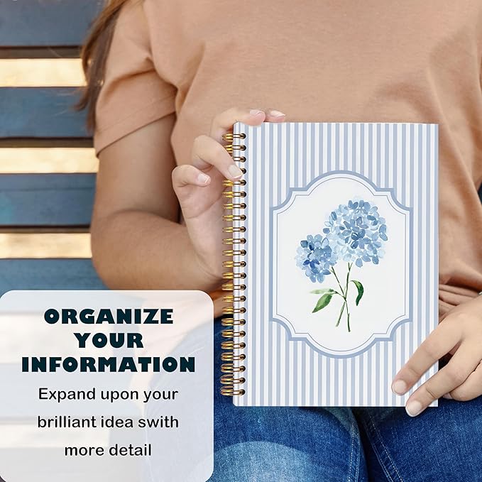Blue Hydrangea Spiral Notebook Journal, Hydrangea Gifts, Cute Blue and White Stripes Girly Floral Journal Notebook Aesthetic Office Supplies, 5.5x8.3 Inch