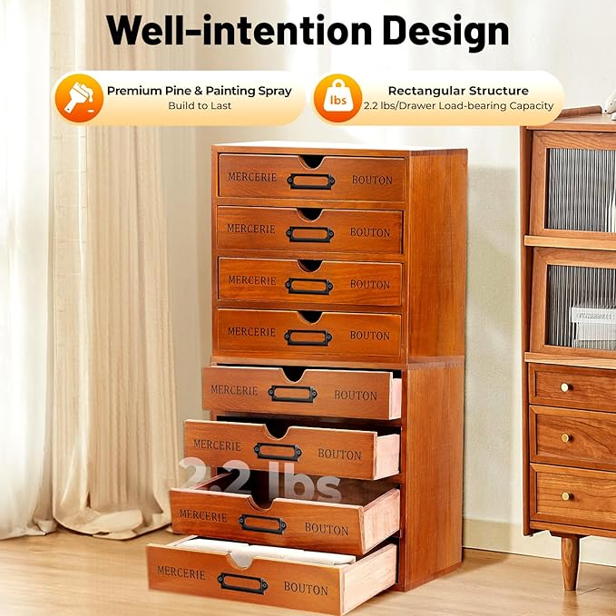 4-Pack Wooden Drawer Organizer Set – 16-Drawer Vintage Storage Box with Label Holders – for Desk, Office, Bedroom – Brown Pine Wood