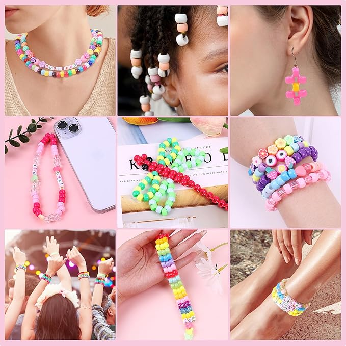 Pubiseed 2303pcs 48 Colors Pony Beads for Bracelet Making Kit, 1500pcs Kandi Bead and 700pcs A-Z Square Letter for Friendship Bracelet Kit, 200 pcs Plastic Bead for Adults Jewelry Making Crafts