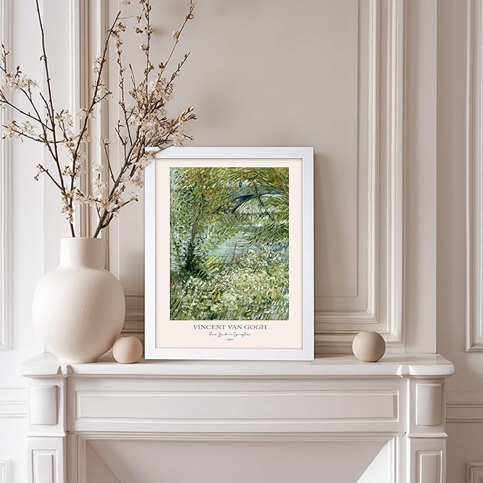 Monem Art Vintage Van Gogh Poster - Retro Impressionist Print - River Bank in Springtime, Flowers, Landscape - Gift for Artist, Friend - Wall Decor for Home, Office, 8x10 White Framed