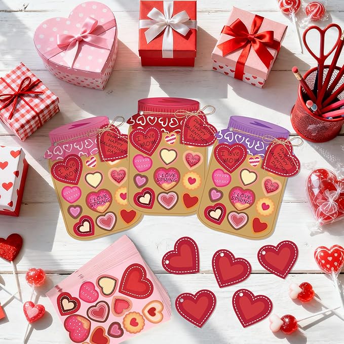30 Sets Valentines Day Gift Cards Mason Jar Valentine Love Candy Jar Craft Kit with Heart Stickers Make Your Own Paper Greeting Card Decor Exchange Gift for Kids Mom Adults School Classroom Activity