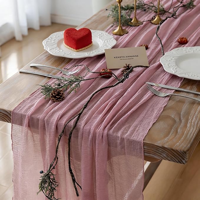 Keketoarrange Dusty Rose Valentines Cheesecloth Table Runner Gauze 120 Inch 10 FT Rustic Boho Cheese Cloth Runner for Wedding Baby Shower Bridal Shower Garden Party Sheer Spring Home Decorations