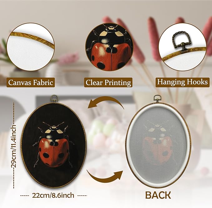 Mcehtle Moody Ladybug Wall Art Decor, Vintage Dark Academia Nature Insect Oval Framed Canvas Prints 8.6x11.4, Minimalist Botanical Bug Wall Hanging Artwork Decorations for Home Bedroom Gallery