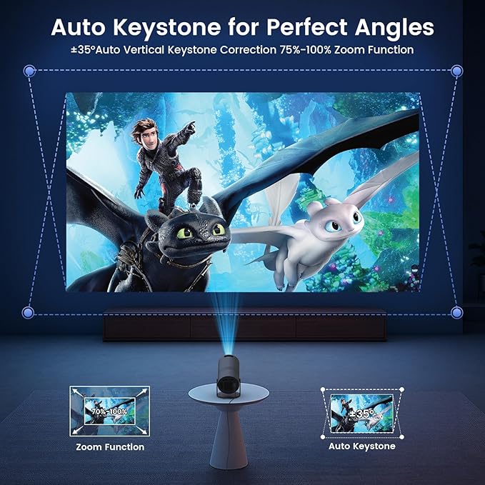 Mini Portable Projector with WiFi and Bluetooth,Support Movie Projector 1080P HD,Auto Keystone Correction,180° Rotatable,Compatible with TV Stick, HDMI, USB, Smartphone, Laptop (Grey)