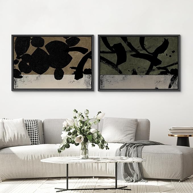SIGNWIN Framed Canvas Print Wall Art Set Abstract Black Brushstroke Illustrations Modern Art Minimal Boho Colorful for Living Room, Bedroom, Office - 16"x24"x2 BLACK