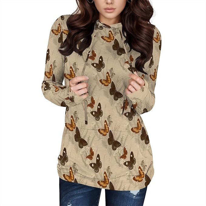 Hooded Sweatshirt Women Fall Butterfly Sweatshirts Lightweight Long Sleeve Pullover Tops Trendy Outfits Plus Size