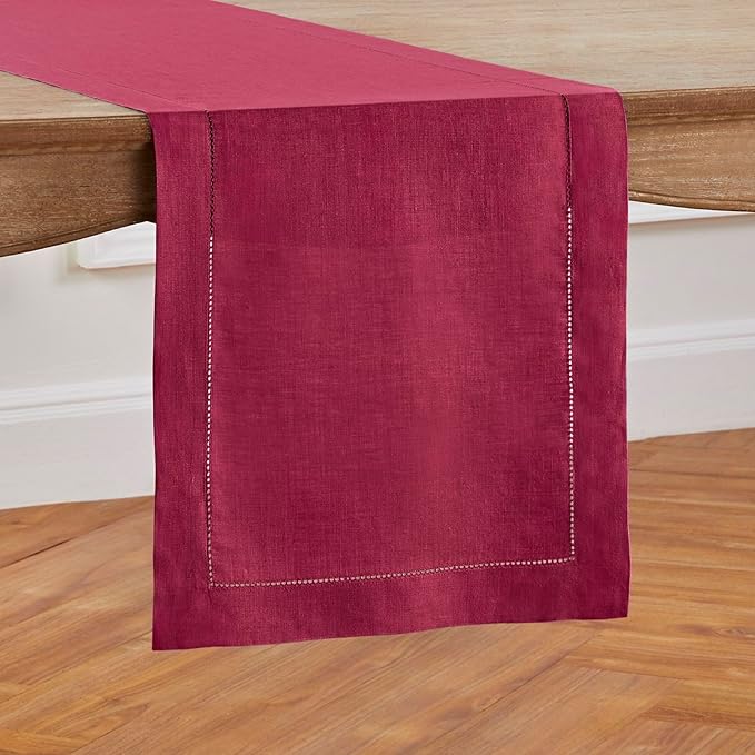 Solino Home Linen Beet Table Runner 108 Inches Long - 100% Pure Linen Hemstitch 14 x 108 Inch Table Runner for Dining, Valentines, Winter, Easter - Classic Hemstitch