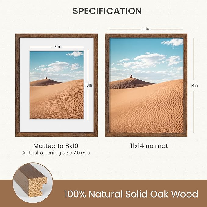 Dreamland 11x14 Picture Frame, Solid Oak Wood Photo Frame with Mat for 8x10, 11 x 14 Matted Picture Frames with Resistant Plexiglass for Wall Art Photo and Prints, Walnut Color, Set of 1