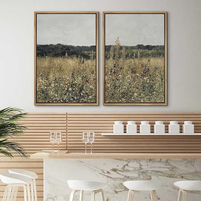 SIGNWIN Framed Canvas Print Wall Art Set Wildflower Meadow Under a Gentle Overcast Sky Illustration Modern Art Minimalism Decorative Nordic for Living Room, Bedroom, Office - 16"x24"x2 Natural