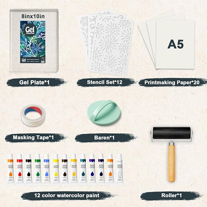 DINGSEN Gel Printing Plate Kit, Complete Printmaking Set with 8” X10” Gel Plate, Brayer, Watercolor Paints, A4 Printmaking Paper, and Essential Tools for Mixed Media Art, Monoprinting, Card Making