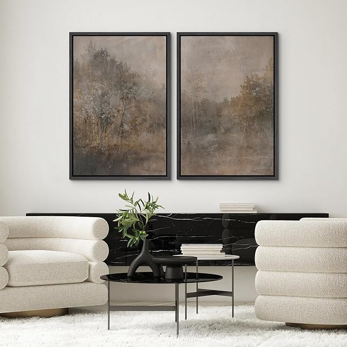 SIGNWIN Framed Canvas Print Wall Art Set Misty Forest Landscape Neutral Woodland Nature Illustrations Modern Art Scenic Colorful for Living Room, Bedroom, Office - 16"x24"x2 Black