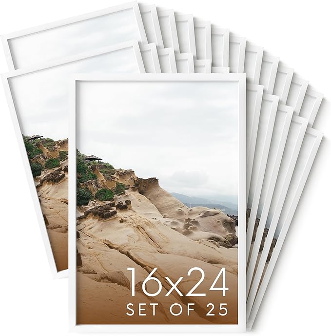 HAUS AND HUES 16x24 White Metal Picture Frames - Features Premium Aluminum, Vertical & Horizontal Hang, Shatterproof Plexiglass - Perfect for Home, Room, Office (16x24 in, White, Set of 25)