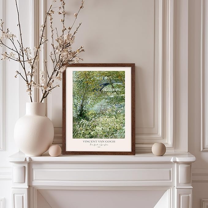 Monem Art Vintage Van Gogh Poster - Retro Impressionist Print - River Bank in Springtime, Flowers, Landscape - Gift for Artist, Friend - Wall Decor for Home, Office, 8x10 Brown Framed