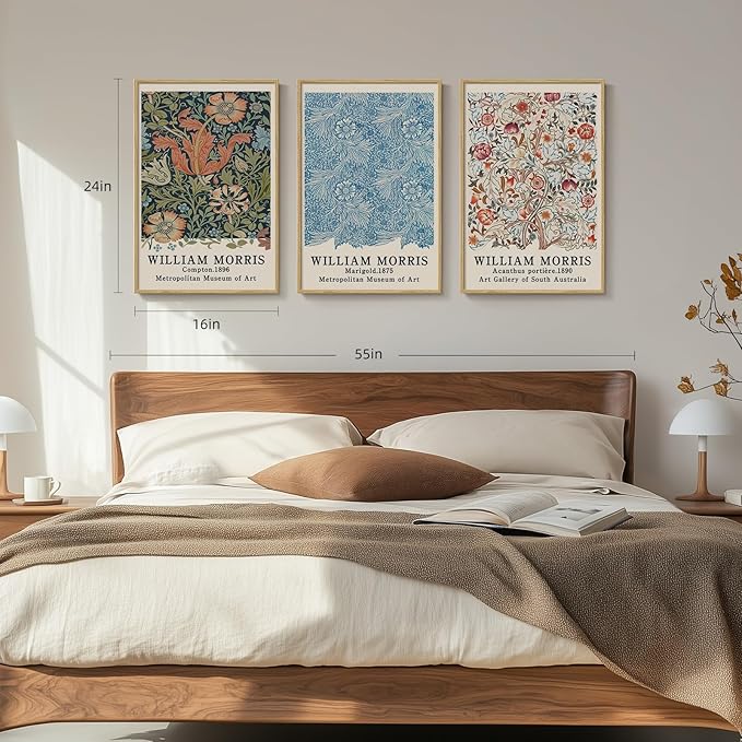 Framed William Morris Wall Art Set of 3, Large Vintage Floral Botanical Canvas Prints, Colorful Artwork for Living Room Bedroom Hallway Office Wall Decor, 16x24 Inch