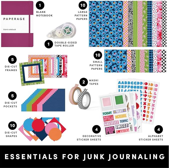 PAPERAGE Junk Journal & Scrapbook Kit, Hardcover Blank Journal Notebook, 20 Patterned Papers, 8 Sticker Sheets, 20 Die-Cut Shapes, 2 Washi Tapes & Tape Roller, Creative Journaling Supplies - Raspberry