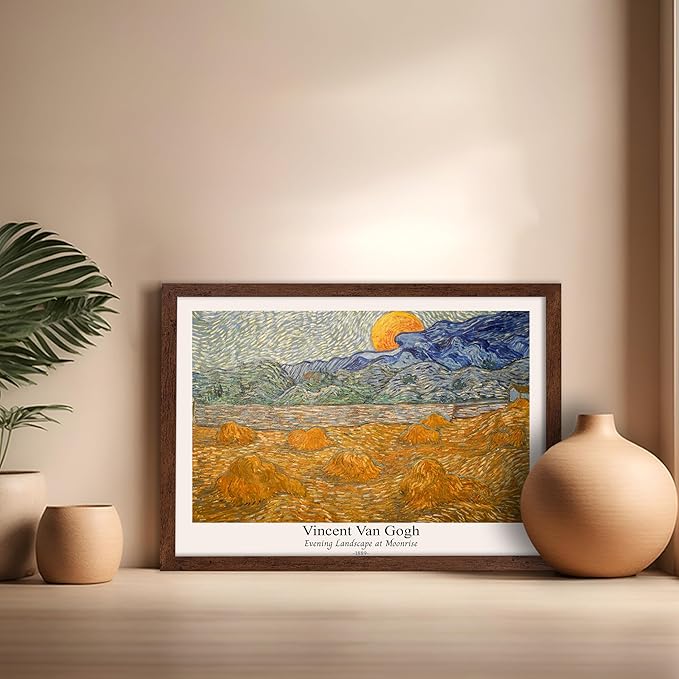 Monem Art Vintage Van Gogh Poster - Retro Evening Landscape at Moonrise Print - Impressionism Art - Fine Art - Classic Painting Art - Aesthetic Living Room Wall Decor - 16x20 Brown Framed