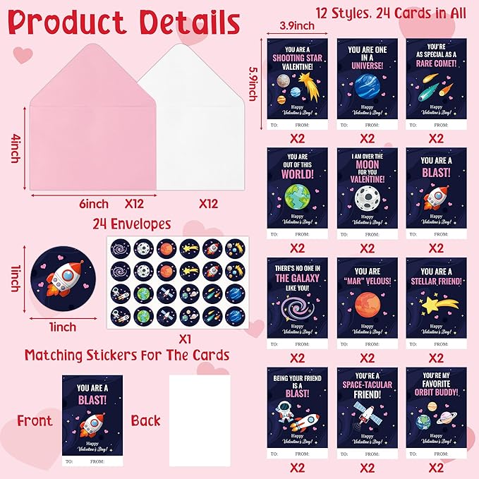TICIAGA 72pcs Valentine’s Day Space Greeting Cards with Envelop and Sticker for Kid, 4 x 6 IN Planet Galaxy Notecard Exchange Gift for Boy Girl School Classroom Supply, Valentines Galaxy Party Favor