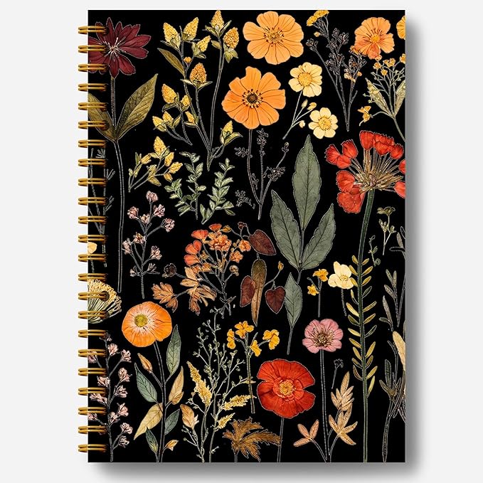 Vintage Boho Floral Botanical Notebook Journal, Watercolor Wildflower Dark Floral Notebooks for Women, Plant Journal, Aesthetic Notebooks, Spiral Notebook Journal 5.5x8.3 Inch