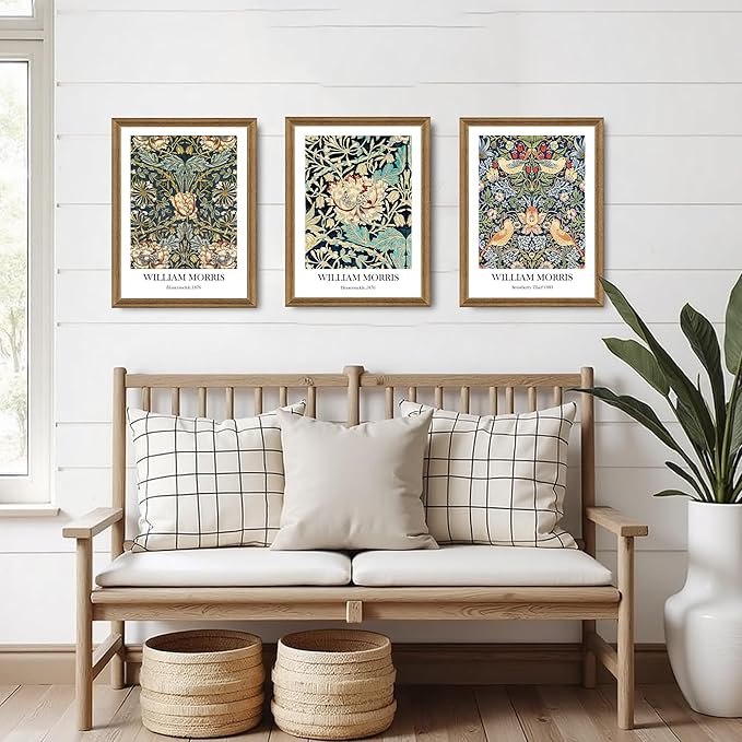 Fantasy Artists 3 Pieces Framed William Morris Wall Art Vintage Botanical Floral Art Wall Decor Painting Farmhouse Artwork Aesthetic Posters Prints for Living Room Bedroom Bathroom 12" x 16"