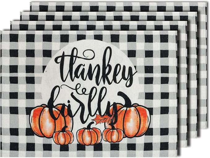 MANSPHIL Gray Buffalo Plaid Thanksgiving Placemats Set of 4 - Fall Fabric Table Place Mats for Autumn Harvest Decor Dining Kitchen Washable Wrinkle Free 13x19 Inch